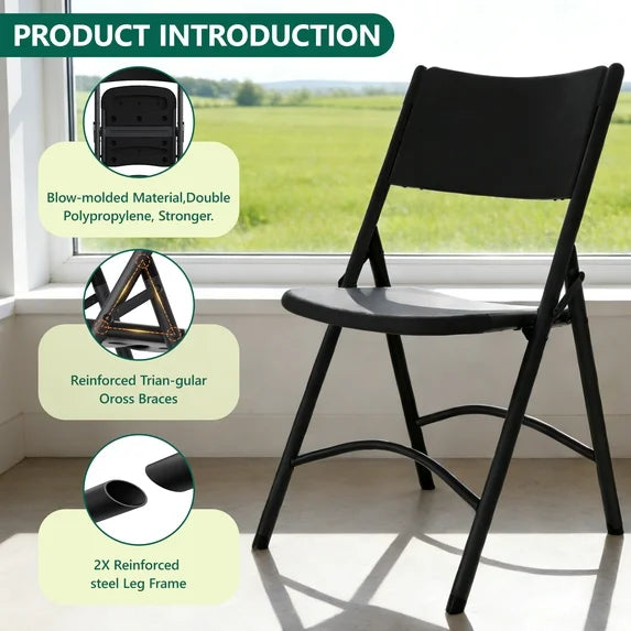 HaiNova 4 Pack Black Blow-Molded Folding Chairs, Portable Chair for Adults, 600lbs Capacity Metal Frame, Comfortable Seat for Party, Banquet