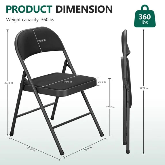 HaiNova Fabric Folding Chair 4 Pack, with Fabric Padded Cushion & Back, Metal Frame, Easy to Use and Store for Home, Office, Party, Black