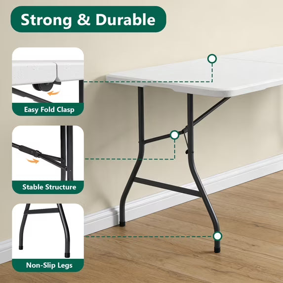 HaiCube 5FT Folding Table, Heavy Duty Portable Table, Waterproof HDPE, Foldable for Picnic, Party, Camping, Dining, BBQ, Indoor & Outdoor, White