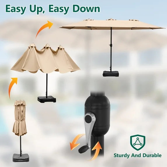 HaiNova 15Ft Large Outdoor Double-Sided Rectangle Umbrella with Base-Mounted, Foldable And Portable Sunshade For Pool, Beaches And Patio, Khaki