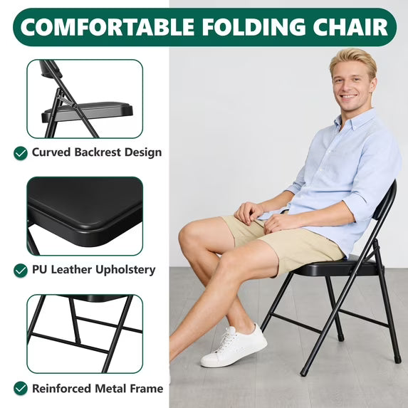 HaiCube 8-Pack PU Leather Padded Folding Chair, Heavy Duty Portable Folding Chair with Metal Frame, No Assembly Indoor Chair, Black