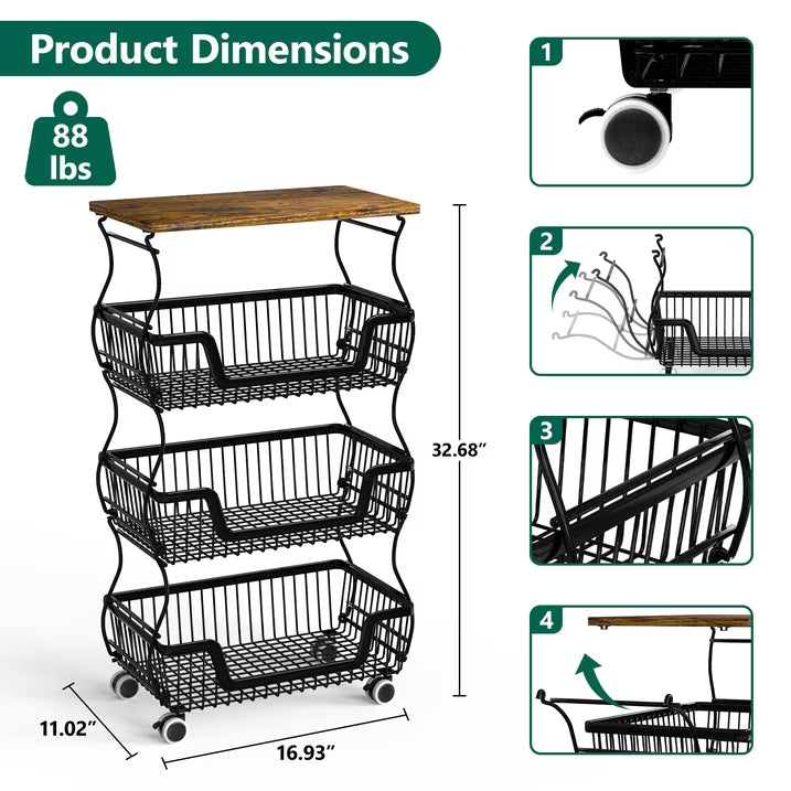 HaiNova 3-Tier Rolling Pantry Cart with Wheels and Top Shelf, Stackable Wire Snack Cart for Pantry Shelves, Kitchen Fruit, Vegetables Stand