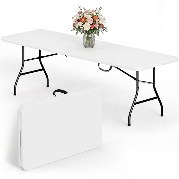 HaiCube 8 Foot Plastic Folding Table Portable Heavy Duty Rectangular Table with Carry Handle, Indoor Outdoor for Camping Picnic Party Dining, White