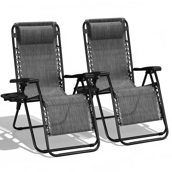 HaiCube Zero Gravity Chair Set of 2, Adjustable Reclining Outdoor Lounge Chairs with Cup Holder Tray & Headrest, Portable Folding Patio Chairs for Camping, Pool, Backyard, Black