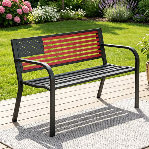 HaiCube Outdoor Bench with American Black Flag Backrest, Sturdy Cast Iron & Steel Frame, All-Weather Garden Patio Seating for Porch Deck Lawn Park