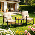 WASUHE 3 PCS Wicker Rocking Chair with Thick Cushions, Ergonomic Back Armrest Rocker Chairs for Porch Backyard Lawn Garden, Beige