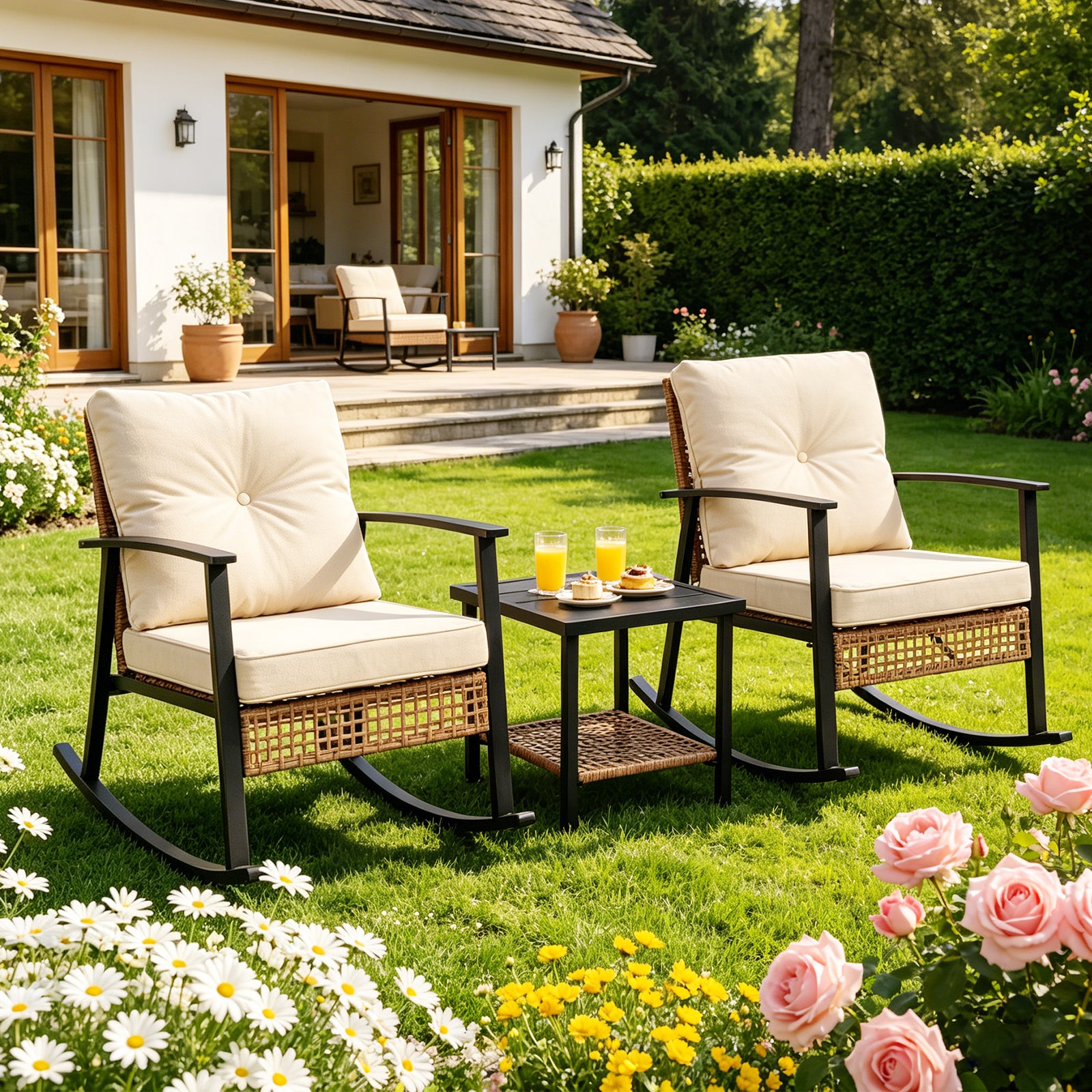 WASUHE 3 PCS Wicker Rocking Chair with Thick Cushions, Ergonomic Back Armrest Rocker Chairs for Porch Backyard Lawn Garden, Beige