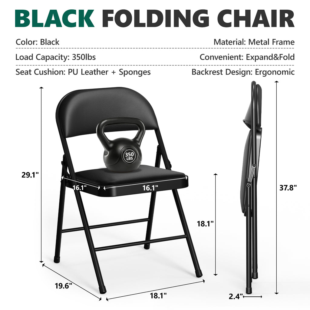 WASUHE Folding Chairs, PU Leather Padded Folding Chairs with Padded Cushion and Back, Portable Lightweight Stackable Sillas Para Fiestas for Home, Office, Party, Indoor & Outdoor, Black