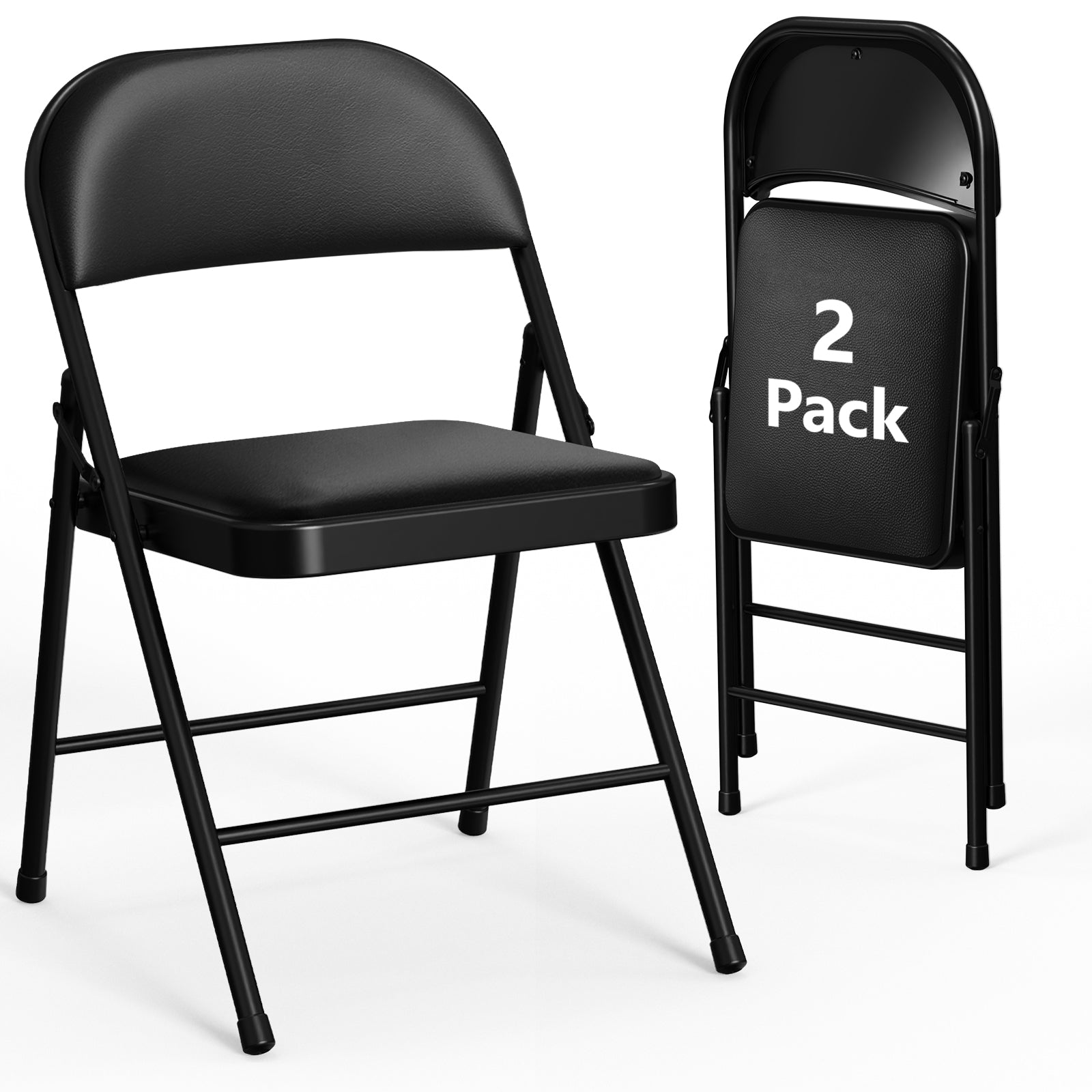 WASUHE Folding Chairs, PU Leather Padded Folding Chairs with Padded Cushion and Back, Portable Lightweight Stackable Sillas Para Fiestas for Home, Office, Party, Indoor & Outdoor, Black