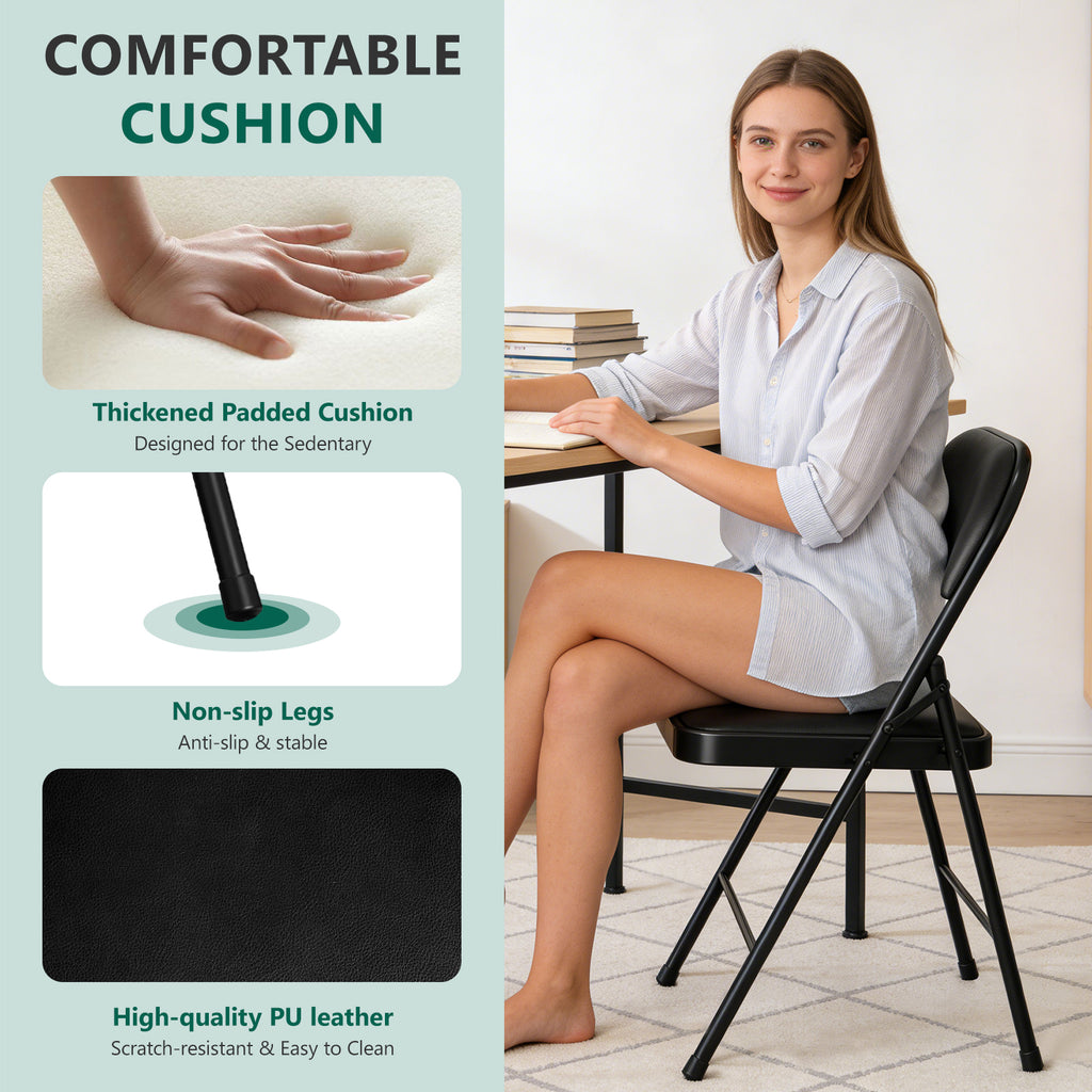 WASUHE Folding Chairs, PU Leather Padded Folding Chairs with Padded Cushion and Back, Portable Lightweight Stackable Sillas Para Fiestas for Home, Office, Party, Indoor & Outdoor, Black
