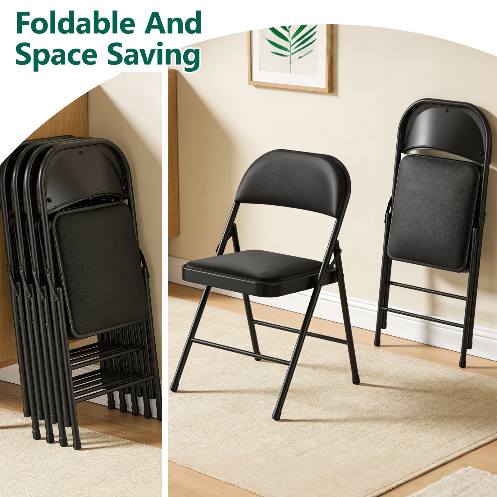 WASUHE Folding Chairs, PU Leather Padded Folding Chairs with Padded Cushion and Back, Portable Lightweight Stackable Sillas Para Fiestas for Home, Office, Party, Indoor & Outdoor, Black