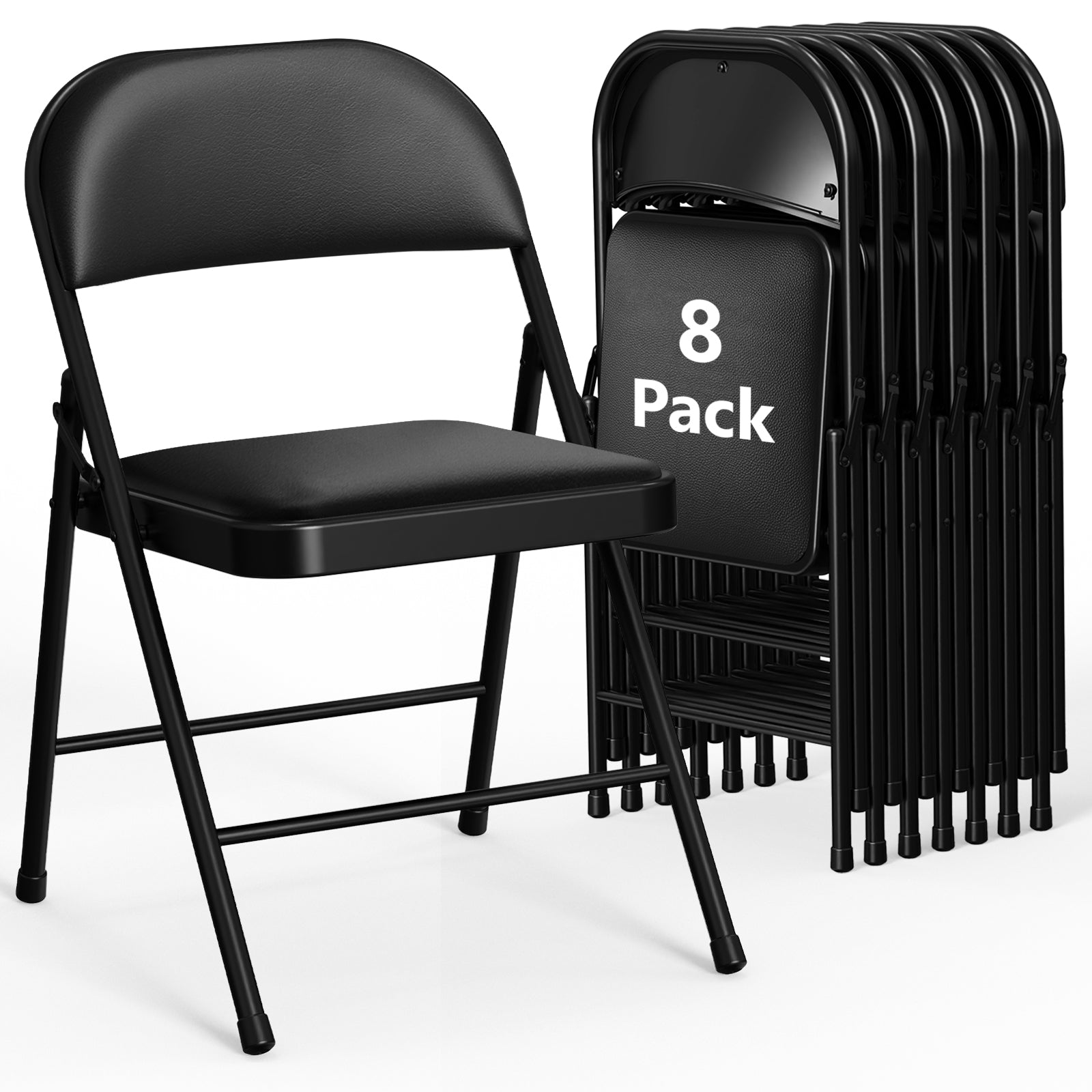 WASUHE Folding Chairs, PU Leather Padded Folding Chairs with Padded Cushion and Back, Portable Lightweight Stackable Sillas Para Fiestas for Home, Office, Party, Indoor & Outdoor, Black