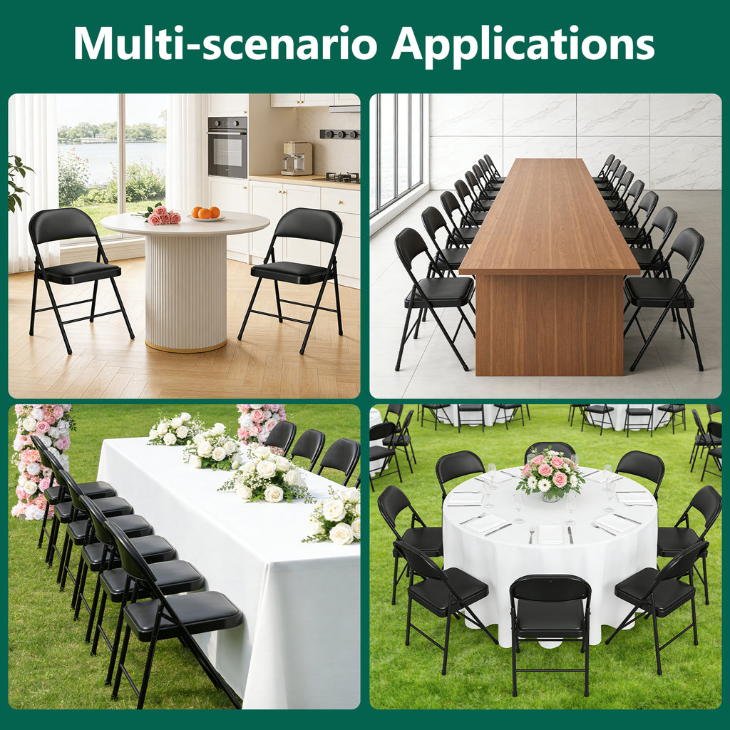 WASUHE Folding Chairs, PU Leather Padded Folding Chairs with Padded Cushion and Back, Portable Lightweight Stackable Sillas Para Fiestas for Home, Office, Party, Indoor & Outdoor, Black