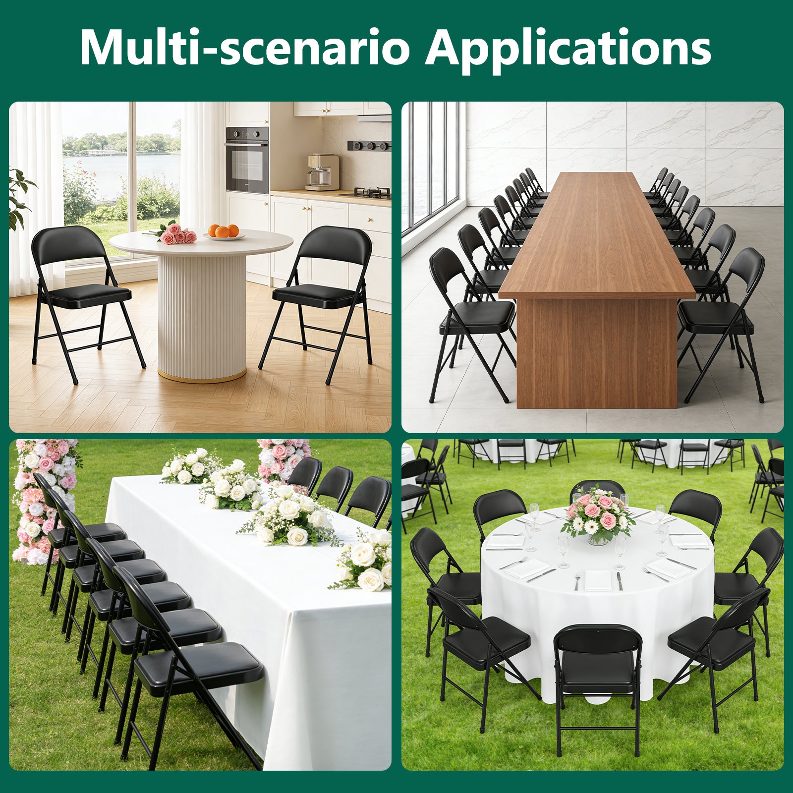 WASUHE Folding Chairs, PU Leather Padded Folding Chairs with Padded Cushion and Back, Portable Lightweight Stackable Sillas Para Fiestas for Home, Office, Party, Indoor & Outdoor, Black