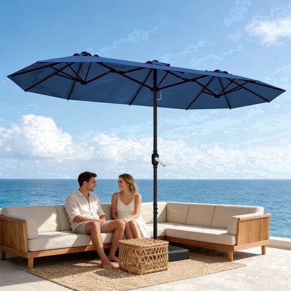 HaiNova 15Ft Large Outdoor Double-Sided Rectangle Umbrella with Base-Mounted, Foldable And Portable Sunshade For Pool, Beaches And Patio, Khaki