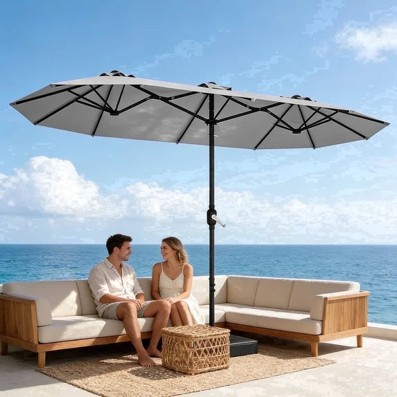 HaiNova 15Ft Large Outdoor Double-Sided Rectangle Umbrella with Base-Mounted, Foldable And Portable Sunshade For Pool, Beaches And Patio, Khaki
