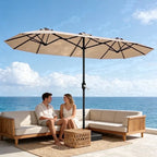 HaiNova 15Ft Large Outdoor Double-Sided Rectangle Umbrella with Base-Mounted, Foldable And Portable Sunshade For Pool, Beaches And Patio, Khaki