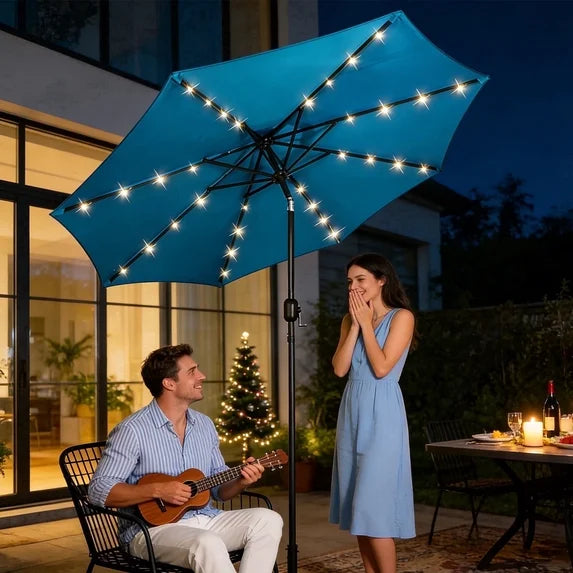 HaiNova 9ft Solar Patio Umbrella, Tilt Adjustment LED Outdoor Umbrella with 8 Reinforced Ribs for Garden, Backyard, Pool, Deep Blue