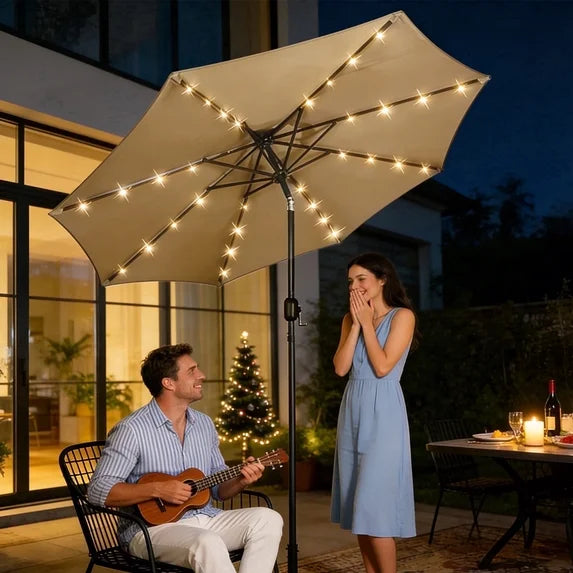 HaiNova 9ft Solar Patio Umbrella, Tilt Adjustment LED Outdoor Umbrella with 8 Reinforced Ribs for Garden, Backyard, Pool, Deep Blue