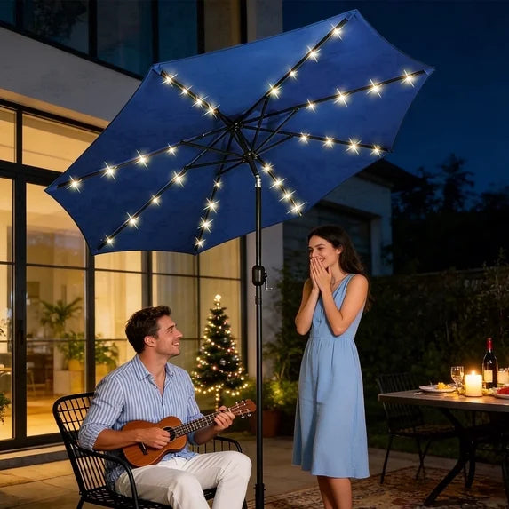 HaiNova 9ft Solar Patio Umbrella, Tilt Adjustment LED Outdoor Umbrella with 8 Reinforced Ribs for Garden, Backyard, Pool, Deep Blue