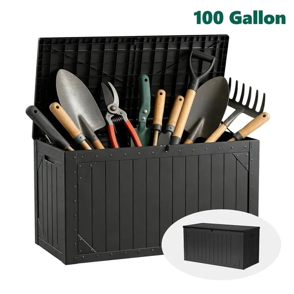 HaiNova 100 Gallon Outdoor Storage Resin Deck Box, Lockable Patio Outdoor Storage Box for Furniture, Garden Tools and Tools Storage, Waterproof, Gray