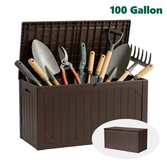HaiNova 100 Gallon Outdoor Storage Resin Deck Box, Lockable Patio Outdoor Storage Box for Furniture, Garden Tools and Tools Storage, Waterproof, Gray