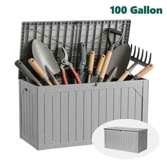 HaiNova 100 Gallon Outdoor Storage Resin Deck Box, Lockable Patio Outdoor Storage Box for Furniture, Garden Tools and Tools Storage, Waterproof, Gray
