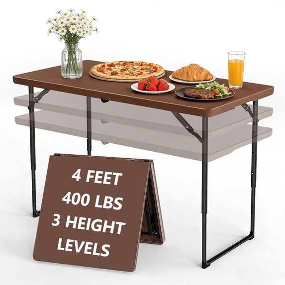 HaiNova 4 Ft Adjustable Height Folding Table, Max Load 400lbs, Portable Camping Table with Handle for Home Party, Camping Parties and Weddings, Black