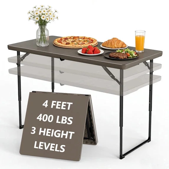 HaiNova 4 Ft Adjustable Height Folding Table, Max Load 400lbs, Portable Camping Table with Handle for Home Party, Camping Parties and Weddings, Black