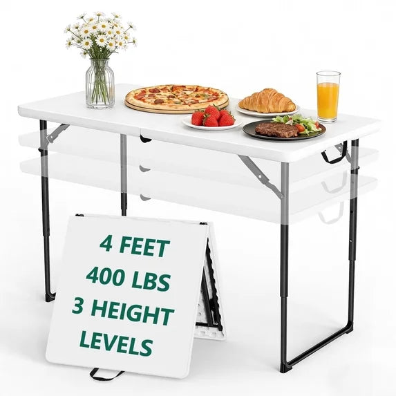 HaiNova 4 Ft Adjustable Height Folding Table, Max Load 400lbs, Portable Camping Table with Handle for Home Party, Camping Parties and Weddings, Black