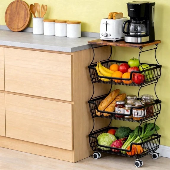 HaiNova 3-Tier Rolling Pantry Cart with Wheels and Top Shelf, Stackable Wire Snack Cart for Pantry Shelves, Kitchen Fruit, Vegetables Stand