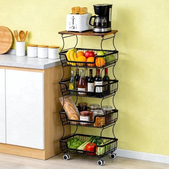 HaiNova 3-Tier Rolling Pantry Cart with Wheels and Top Shelf, Stackable Wire Snack Cart for Pantry Shelves, Kitchen Fruit, Vegetables Stand
