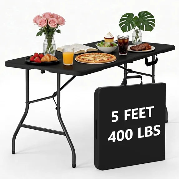 HaiNova 5ft Folding Table, Portable Heavy Duty Picnic Table with Portable Handle, Durable, Suitable for Dinner, Wedding, Camping, Black.