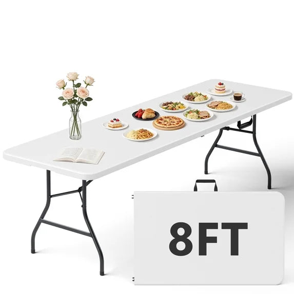 HaiNova 8FT Folding Table, Portable Heavy Duty Camping Table with Carrying Handle, Anti-fouling and Sun-Proof Suitable for Meetings, Parties, Camping and Weddings, White