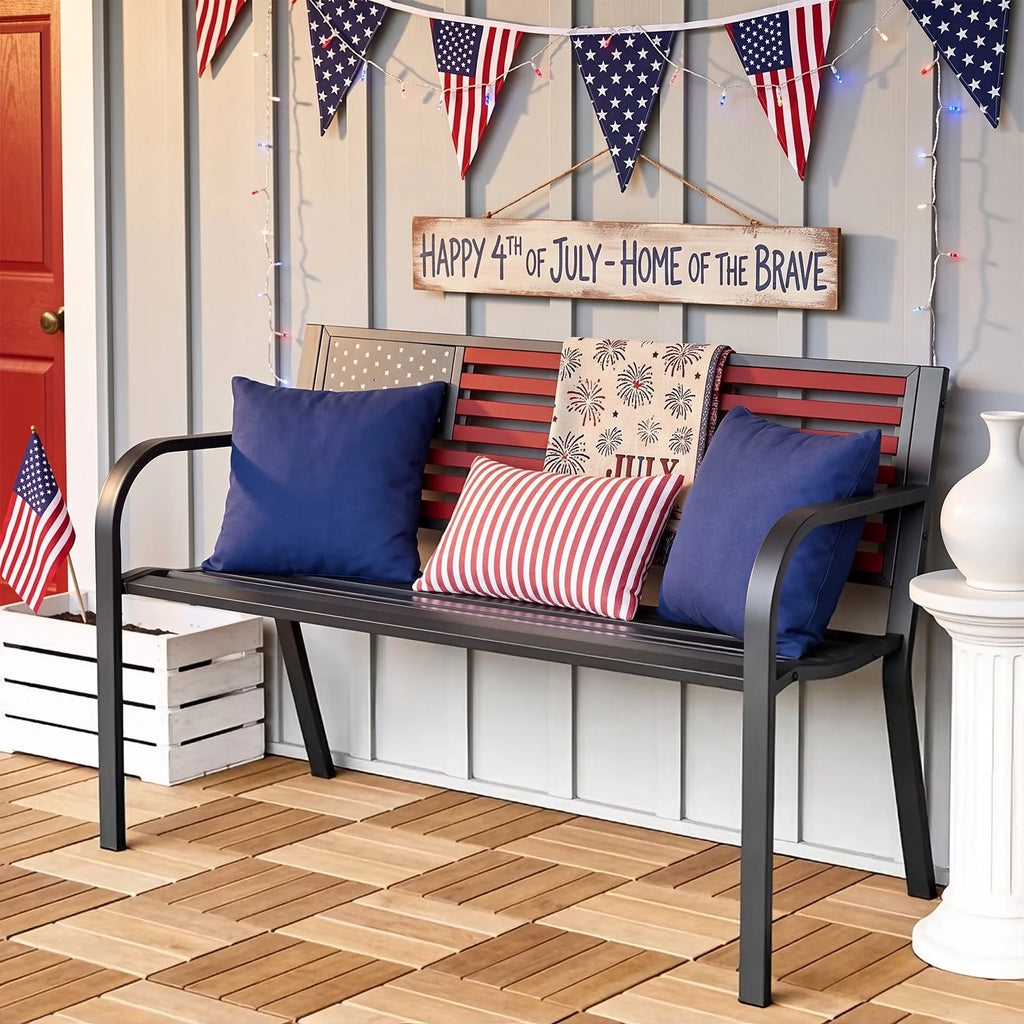 HaiNova Metal Outdoor Bench, 47in Patio Garden Benches with National Flag Pattern Backrest for Backyard, Lawn, Deck, Porch, Park, Red