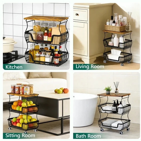 HaiNova 3-Tier Rolling Pantry Cart with Wheels and Top Shelf, Stackable Wire Snack Cart for Pantry Shelves, Kitchen Fruit, Vegetables Stand