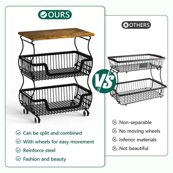 HaiNova 3-Tier Rolling Pantry Cart with Wheels and Top Shelf, Stackable Wire Snack Cart for Pantry Shelves, Kitchen Fruit, Vegetables Stand