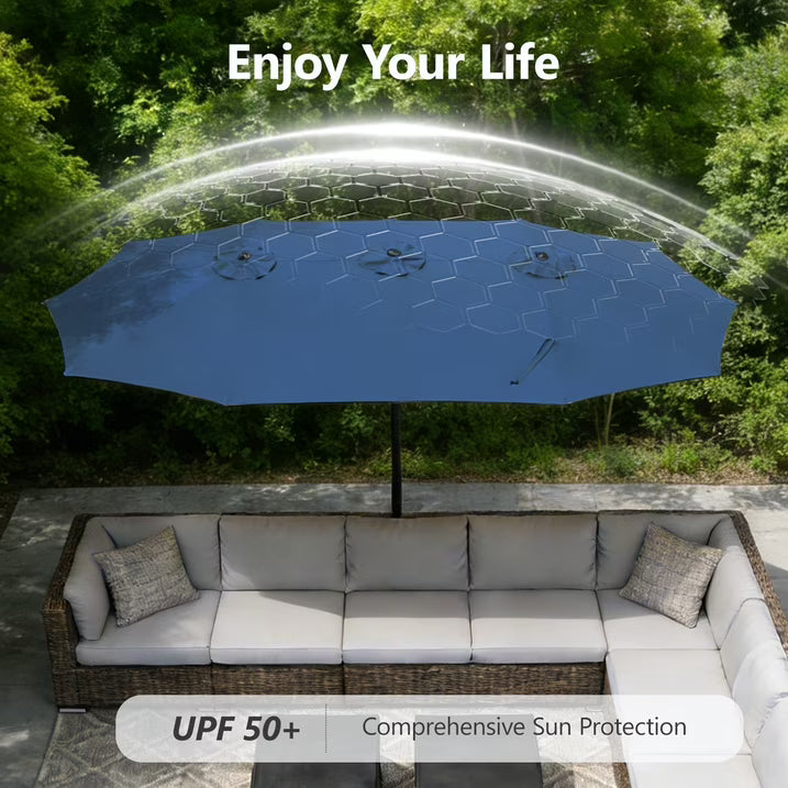 HaiNova 15Ft Large Outdoor Double-Sided Rectangle Umbrella with Base-Mounted, Foldable And Portable Sunshade For Pool, Beaches And Patio, Khaki