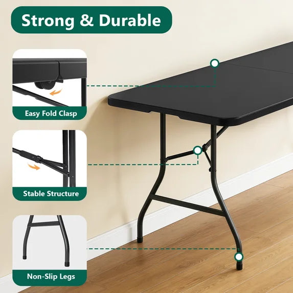 HaiNova 6ft Folding Table, Portable Camping Table with Handle, Durable and Anti-fouling Picnic Table Suitable for Party, Camping and Picnic, Black