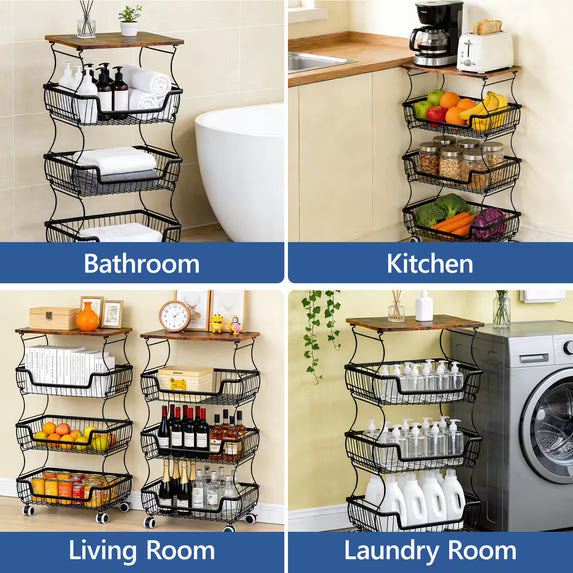HaiCube 4-Tier Metal Wire Rolling Cart with Wheels, Stackable Storage Organizer Cart with Top Shelf for Pantry, Kitchen Fruit Snack Book Storage Rack