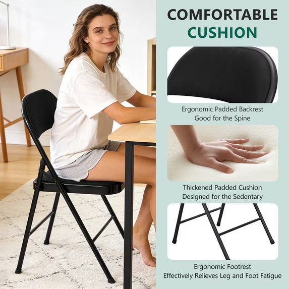 HaiCube 4-Pack Fabric Folding Chairs, Padded Seat & Back, Heavy Duty Metal Frame, Portable Foldable Chairs for Home, Party & Events, Black