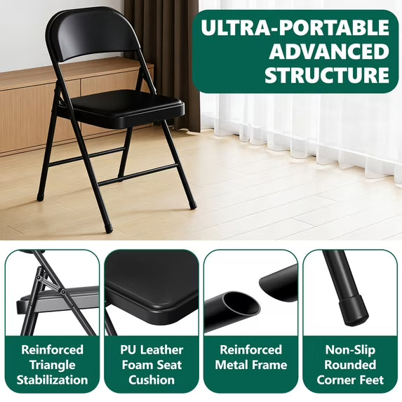 HaiCube 8-Pack PU Leather Padded Folding Chair, Heavy Duty Portable Folding Chair with Metal Frame, No Assembly Indoor Chair, Black