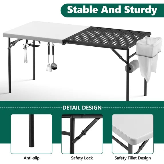 HaiNova Outdoor Folding Grill Table, 5 Foot Cook Table with Storage for Cooking Accessories, Foldable & Portable for Picnic, BBQ, and Party