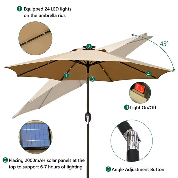 HaiCube 9FT Solar Patio Umbrella with LED Lights, Outdoor Market Umbrella with Solar Panel, 8 Heavy-Duty Ribs, for Patio, Deck, Garden,Khaki