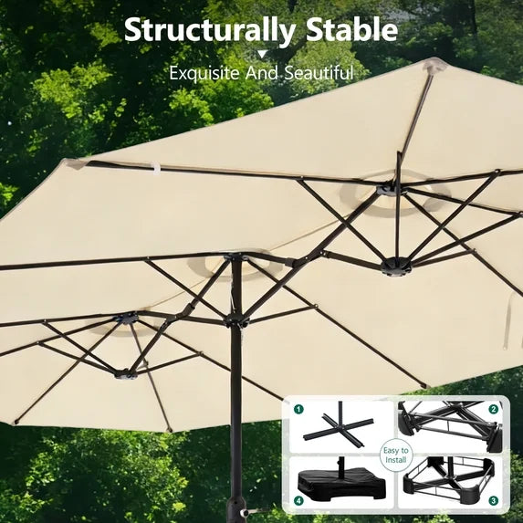 HaiNova 15Ft Large Outdoor Double-Sided Rectangle Umbrella with Base-Mounted, Foldable And Portable Sunshade For Pool, Beaches And Patio, Khaki