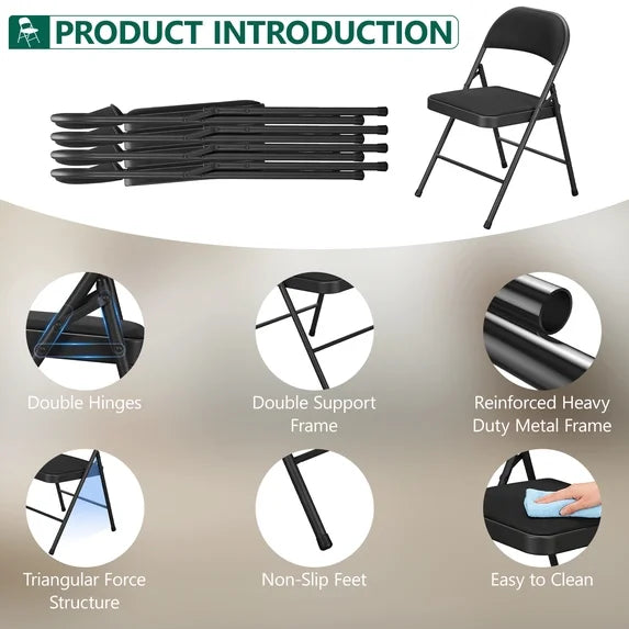 HaiNova Fabric Folding Chair 4 Pack, with Fabric Padded Cushion & Back, Metal Frame, Easy to Use and Store for Home, Office, Party, Black
