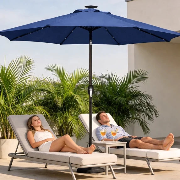 HaiNova 9ft Solar Patio Umbrella, Tilt Adjustment LED Outdoor Umbrella with 8 Reinforced Ribs for Garden, Backyard, Pool, Deep Blue