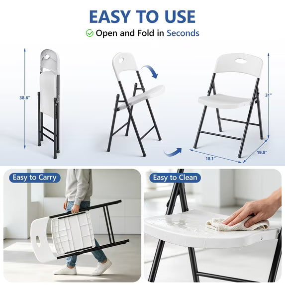 HaiCube 6 Pack Portable Plastic Folding Chair with Back Support, Heavy Duty Steel Frame, Indoor Outdoor for Party Wedding Office Patio, White