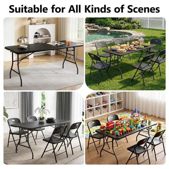 HaiNova 5ft Folding Table, Portable Heavy Duty Picnic Table with Portable Handle, Durable, Suitable for Dinner, Wedding, Camping, Black.