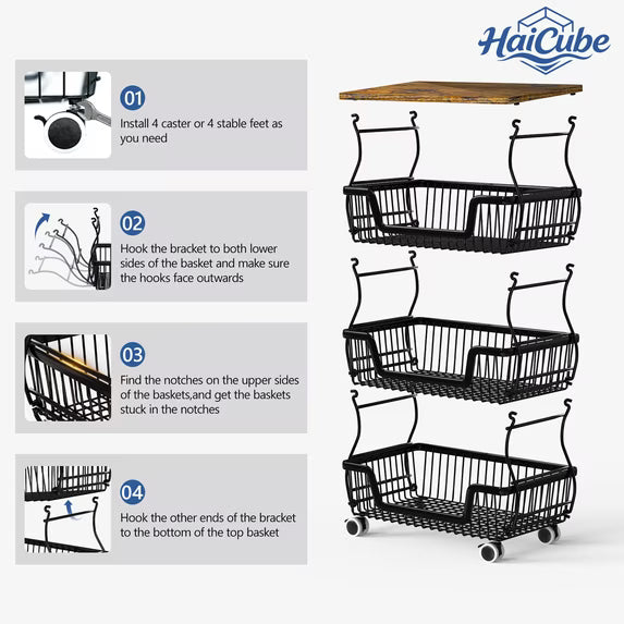 HaiCube 4-Tier Metal Wire Rolling Cart with Wheels, Stackable Storage Organizer Cart with Top Shelf for Pantry, Kitchen Fruit Snack Book Storage Rack